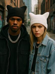 1pc Unisex Hand Knitted Cute Striped Cat Ear Beanie Hat, Autumn Winter Warm Ear Protective Handmade Striped Ski Mask Street Fashion Hip-Hop Couple Headwear - Multicolor - View 10