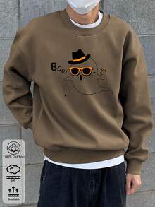 Sweat-shirt à épaules tombantes pour homme, haut en coton marron, haut à motif fantôme amusant sur le thème d'Halloween, sweat-shirt ample à col rond pour le printemps et l'automne - Tabac - Voir 1