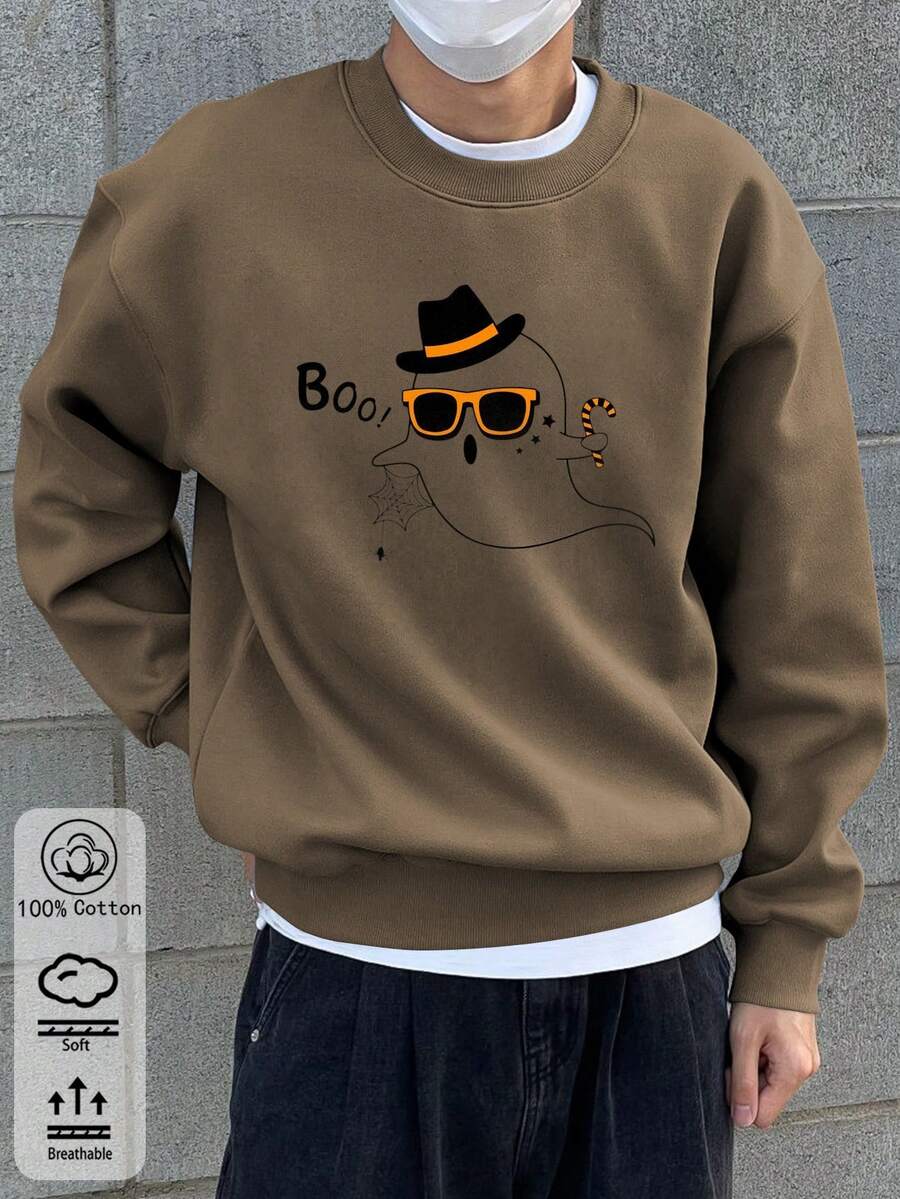Sweat-shirt à épaules tombantes pour homme, haut en coton marron, haut à motif fantôme amusant sur le thème d'Halloween, sweat-shirt ample à col rond pour le printemps et l'automne - Tabac - Voir 1