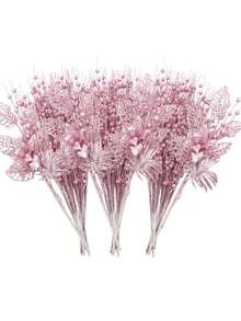 Set de 6 ornamente de brad de Crăciun, flori artificiale roz cu sclipici, crengi, agrafe pentru decorarea bradului de Crăciun, cadou, vază mică, decor pentru casă, sărbători, nuntă, petrecere, agrafe artificiale cu sclipici, 6 buc tulpini artificiale cu sclipici și 1 buc ornamente de flori cu sclipici pentru brad de Crăciun, cadou de Revelion - Decor roz pentru casă, decorațiuni de Crăciun, decor pentru cameră