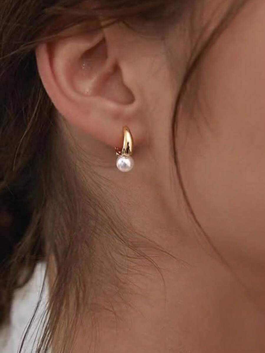 1 Pair Fashionable Faux Pearl Hoop Earrings, Versatile For Women's Daily Wear