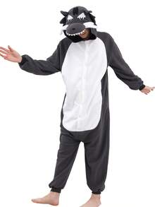 Unisex Big Bad Wolf One-Piece Pajamas Hooded Cartoon Jumpsuit Fall Winter Christmas Animal Cosplay One Piece Pajamas, Funny One Piece Outfit For Halloween Party - 深灰色 - 查看 3