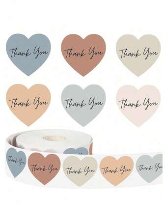1卷/500张心形波西米亚风感谢贴纸卷，感谢心形贴纸适用于小型企业，自粘式简约优雅密封贴纸标签，适用于信封、派对礼物、装饰贴纸