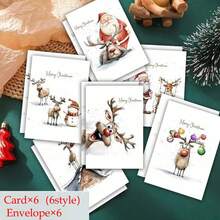 12 بطاقة تهنئة عيد الميلاد وأظرفة - تصاميم متنوعة لسانتا كلوز والرنة والرجل الثلجي - بطاقات مناسبة لعيد الميلاد والعام الجديد 2025 - مصنوعة من الورق