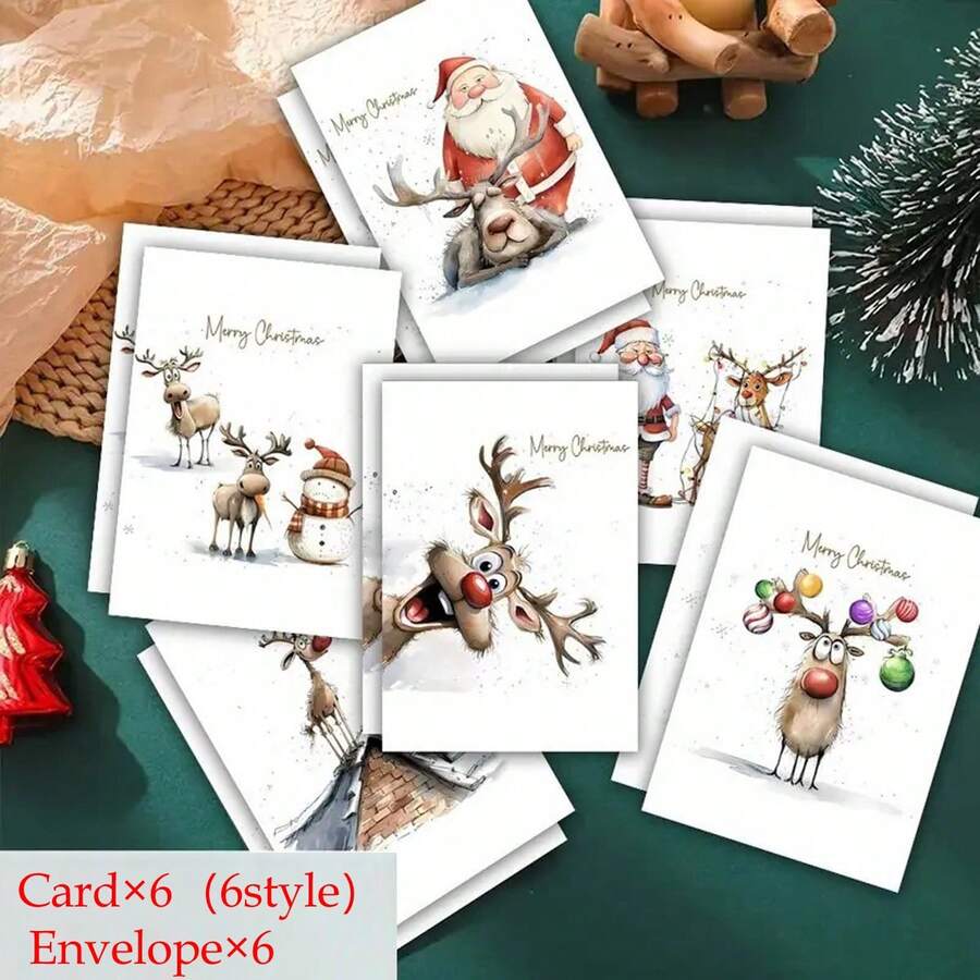 12 بطاقة تهنئة عيد الميلاد وأظرفة - تصاميم متنوعة لسانتا كلوز والرنة والرجل الثلجي - بطاقات مناسبة لعيد الميلاد والعام الجديد 2025 - مصنوعة من الورق