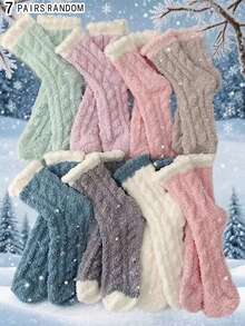 1/2/3/4/5/6/7/8 Pairs Women Autumn/Winter Coral Fleece Contrast Color Cuff Comfortable Warm Sleep Socks, Cozy Socks - Multicolor - View 20