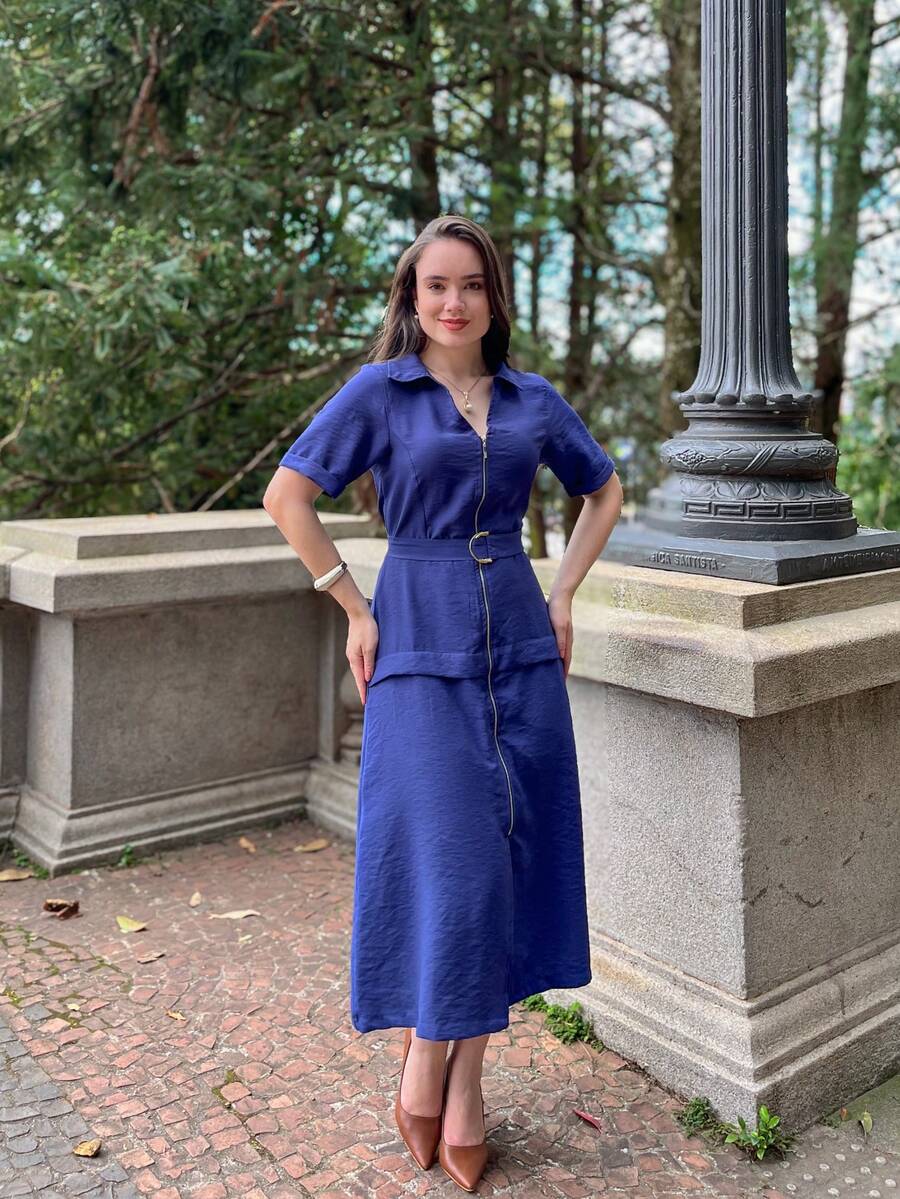 Rivera. Plain Short Sleeve Midi Dress WOMEN'S FASHION Summer - Màu xanh hải quân - Xem 1