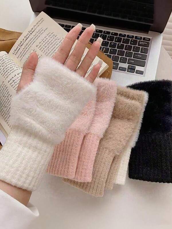 2025 Nuevos guantes sin dedos de felpa de visón para mujer, guantes sin dedos de lujo de unicolor suaves y cálidos de invierno