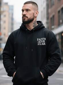 Trending Item1 PcsMen's Casual Hoodies With "FAITH OVER FEAR" Double-Side Letter Graphic Print, High Quality Retro Street Style Long Sleeve ForSkin-Friendly & Soft - 黑色 - 查看 8