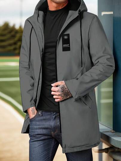 男士中长款户外徒步夹克，带抽绳连帽，纯色，休闲日常穿着，男友风格，秋冬