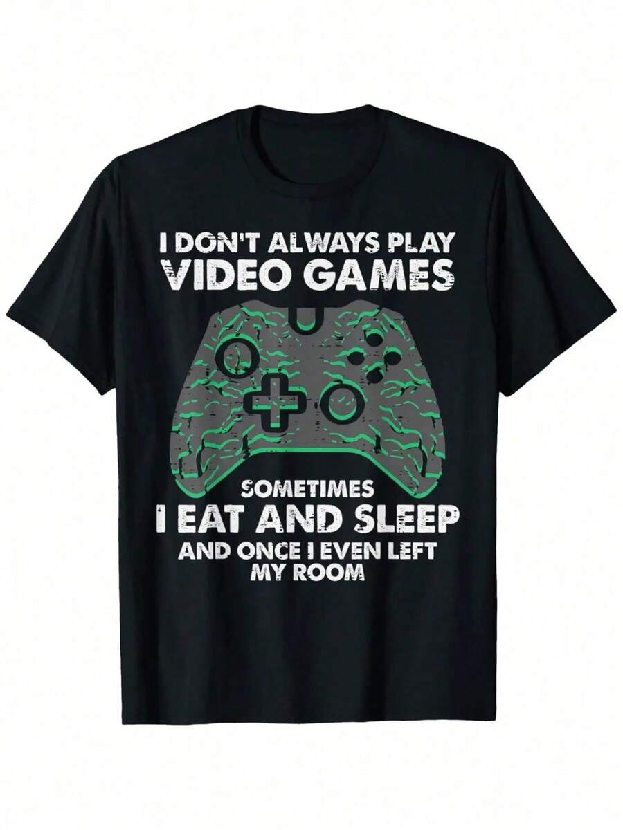 Men's Funny Gaming T-Shirt - 'I Don't Always Play Video Games' Pattern, 100% Cotton, Breathable Soft Casual Street Style Hip-Hop T-Shirt, Black With Green Game Controller Design - Black - View 1
