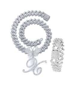 银色女士项链 A-Z 首字母个性化嘻哈经典蝴蝶字母吊坠链项链和手链套装饰物 26 个幸运字母，适合男女日常佩戴情人节时尚珠宝礼物，妈妈，母亲，母亲节，礼物 - 蝴蝶型 - 查看 43