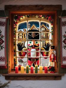 1 pièce Livre de l'histoire du Casse-Noisette rouge et or, décor de fenêtre de Noël, 80 cm * 120 cm, style fantaisie des vacances, décoration de fenêtre rectangulaire avec village enneigé, lumières scintillantes, boules de Noël, scène de nuit sous la lune, convient pour la décoration intérieure/extérieure de la maison, théâtre, fête de Noël et d'hiver