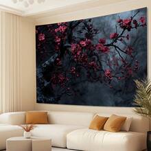[Gothic Plum Blossom Tapestry] Vibrant Gothic Plum Blossom Polyester Tapestry - Cherry Red Flowers On Dark Background,  Elegant Wall Hanging For Living Room, Bedroom, Office Decor - 彩色 - 查看 4