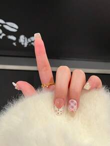 10片手工制作中长方形美甲贴纸，粉白相间，闪粉亮片，柔软可爱，适合女性和女孩，春夏秋冬四季皆宜，节日及日常美甲用品 - 粉色 - 查看 3