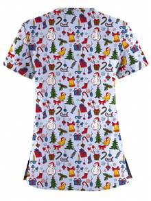 Women's Christmas Print Short Sleeve Scrub Top With Pockets, Snowman Pattern, Veterinary Uniform, V-Neck T-Shirt - Multicolor - View 2