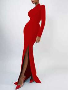 Christmas Women's Fashion Spring Summer Sexy Elegant Red Long Sleeve One Shoulder Long Bodycon Dress Party Cocktail Evening Dress Clothes - Red - View 2