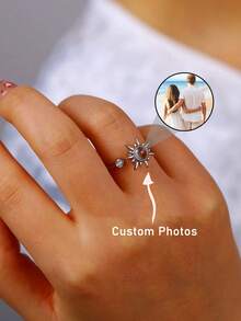 1pc Customized Photo Projection Ring For Women, Charming Personalized Bohemian Style Sunflowers With Picture Projection Ring For Summer Beach Vacation Jewelry, Couple Proposal Ring Wedding Season Gift, Mother's Day Gift For Mom, Thanksgiving Anniversary Commemorative Gift,Adjustable Photo Couple Ring For Your Loved One, Anniversary Gift, Valentine's Day Gift, Memorial Jewelry