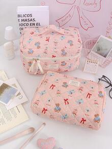 1 Piece Large Capacity Cosmetics Storage Bag Portable Travel Cosmetics Pouch Red Bow Pattern Makeup Bag Multi-Functional Make Up Bag Set Pink Travel Toiletry Bag For Girls Cute Cartoon Print Skincare Organizer Bag Foam Quilted Household Makeup Bag - Pink - View 12
