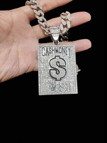 1个时尚创意“CASH MONEY”字母吊坠和1条水钻链项链，男士嘻哈朋克吊坠项链，适合日常佩戴，情人节礼物，2条链子可选 - 銀色 - 查看 5