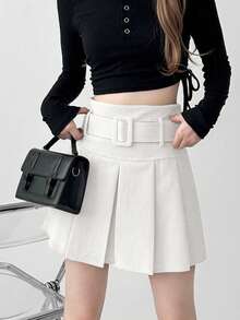 秋冬新款灯芯绒高腰百褶迷你裙-配腰带 - 白色 - 查看 4