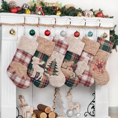 2025 Nuevo Paquete de 6 Calcetines Navideños de 20" Rojo Verde Cuadros Mezcla y Combina Clásico Rústico Granja Campestre Algodón Colgantes de Chimenea Decoraciones Navideñas para Decoración de Temporada Festiva Familiar