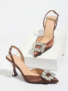 Zapatos de tacón alto con punta cerrada y decoración de rhinestones de unicolor, elegantes y cómodos, adecuados para fiestas, banquetes, citas, reuniones, vestidos formales, para primavera/verano/otoño/invierno. Tacones altos de oficina de satén color café oscuro, elegantes - Café integral - Ver 6