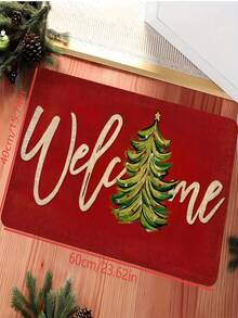 1pc Christmas - Welcome Home Christmas Tree Theme Doormat Rug - 900g/㎡ Soft Velvet, Machine Washable, Durable, Stain Resistant, Quick Drying, Suitable For Indoor/Outdoor Doormats, Home Decor, Bedroom, Kitchen, Photography, Prop, Outdoor Decor Gifts, Holiday Gifts, Area Rugs, All Season