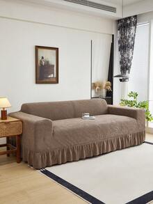 1 件荷叶边沙发套，毛绒提花面料，欧式风格，装饰性沙发保护套，易于安装，防尘防宠物刮，适合客厅、书房、办公室沙发，四季皆宜 - 咖啡棕 - 查看 4