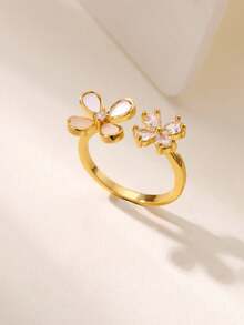 1Pc Exquisite Cubic Zirconia &Cat's Eye Stone Flower Open Adjustable Ring, Suit For Women Daily Decoration Valentines - 1 - View 12