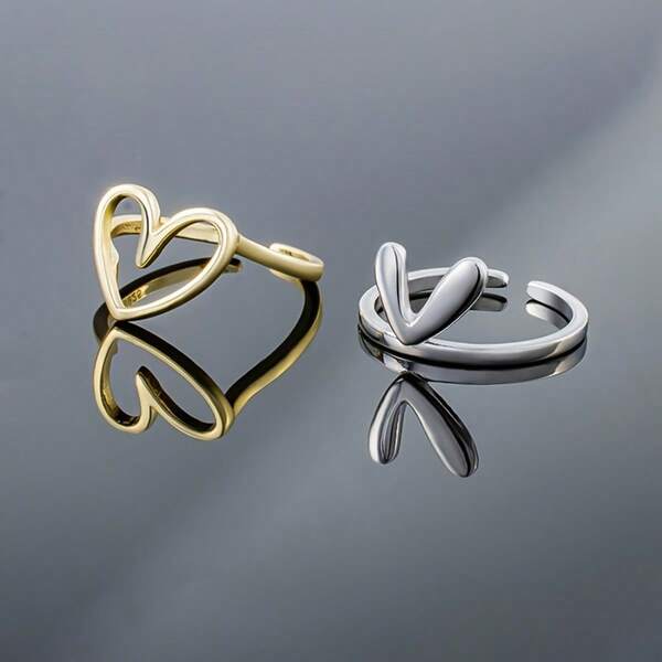 An Elegant And Sweet 925 Silver Double-Layer Detachable And Stackable Gold Heart-Shaped Lady's Opening Adjustable Ring Is Suitable For Daily Casual Wear, Versatile Commuting, And As A Gift For Festivals