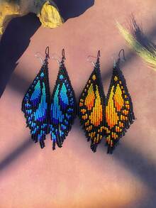1 Pair Women's Fashion Beaded Earrings, Bohemian Style, Vintage, Animal & Insect Pattern, Blue & Orange Butterfly Shape, Tassel Pendant Swaying, Elegant Charm Fashion Accessory, Handmade, Suitable For Women, Couples Daily Wear/Daily Gift, Suitable As Holiday Gift