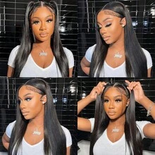 200 Density 13x4 High Definition Transparent Lace Front Handmade Woven Human Hair Blend Wig, Black 28 Inch Straight, Brazilian Virgin Hair, Pre-Plucked Hairline, Pre-Bleached, Invisible Knots, Suitable For Daily Or Occasion Wear - Natural & Black - View 9