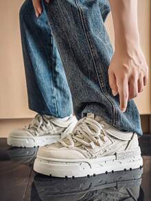 Men's Canvas Sneakers, Fashionable Casual Thick Sole Distressed Slip-On Shoes, Student Shoes - Beige - View 6