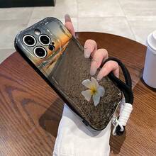 Flower Pattern Phone Case With A Bonus Bracelet Paired With Sunset Hues And Sandy Shores. Compatible With IPhone 16, 15, 14, 13, 12, And 11 Pro Models, Made Of TPU With Shockproof Protection. A Lovely Gift For Family, Friends, Children, Birthdays, Spring Festival, Holidays, Boyfriends, Girlfriends, And Valentine's Day. - Black - View 5