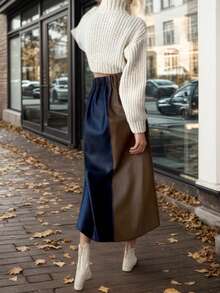 1 pieza Falda asimétrica/asimétrica de cintura alta elástica de cuero PU con bloque de color y parche, elegante y casual para fiesta, formal, cóctel, vacaciones, oficina, uso diario, primavera/otoño/invierno