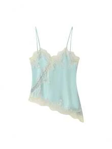 Women Satin Tops Y2K Lace Trim Camisole Asymmetrical Hem V-Neck Patchwork Tank Tops Spaghetti-Strap Backless Crop Tops Elegant Fashion Loose Cami Shirt Summer Blouse For Streetwear - 藍色 - 查看 5