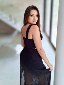 Women's Long Dress With Slit Midi Knit With Lurex Elegant Party - 黑色 - 查看 3