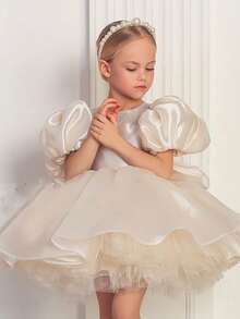 Young Girl's White Petal Sleeve Dress, Elegant Princess Dress With Tulle Fabric And Bow Decor, Suitable For Girls' Birthday Party, Wedding, Prom, Graduation Ceremony - 米色 - 查看 2