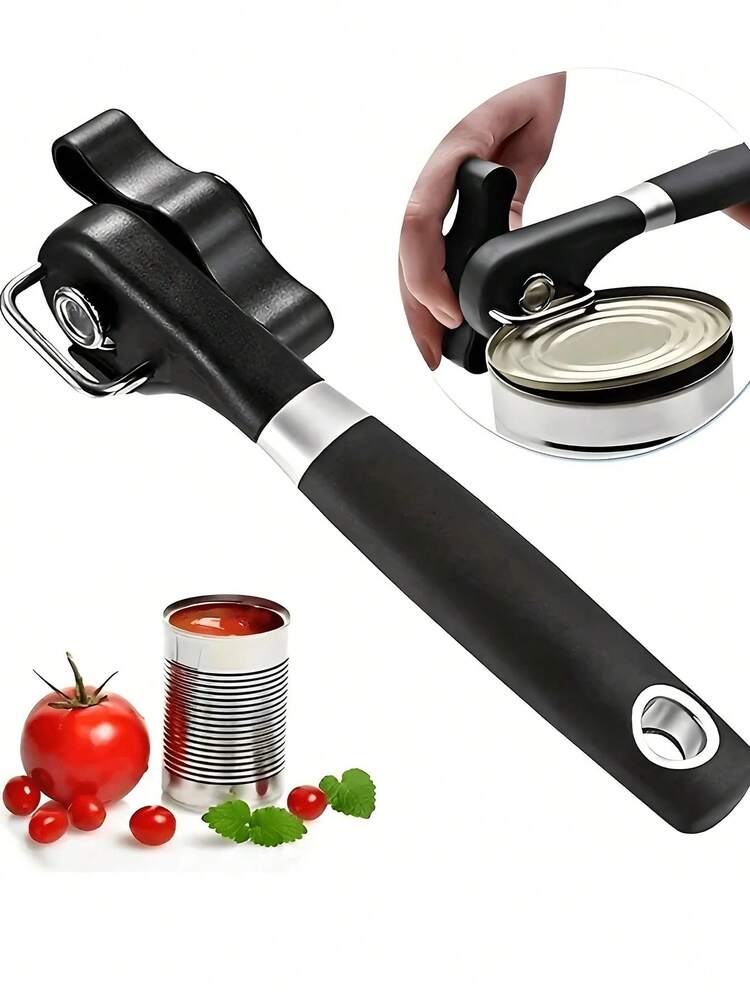 1 pieza Abrelatas manual de acero inoxidable, diseño de corte lateral multifunción, bordes lisos, ergonómico con perilla grande y mango cómodo antideslizante, abridor de botellas, almacenamiento colgante, construcción resistente, utensilio de cocina - Negro - Añade 8