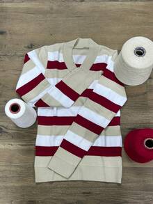 Women's Striped Sweater Top | Women's Long Sleeve Striped Top | Striped V-Neck Top - 紅沙 - 查看 5