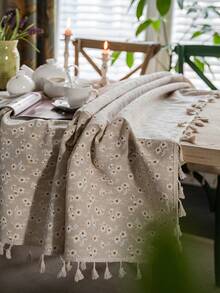 1 buc. Față de masă cu ciucuri, în stil pastoral francez, bej, cu imprimeu de crizanteme, husă de masă dreptunghiulară pentru măsuța de cafea, dulap TV, decor pentru casă