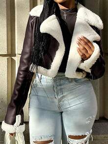 Women's Street Lapel Zip Up Rollable Cuff Teddy Lined PU Leather Crop Moto Jacket Coat Autumn And Winter - Brown - View 6