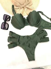 Simple Elegant Cute Fabric Cup Detail Holiday Beach - Army Green - View 3