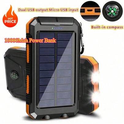 Solar Charger Power Bank,10000 MAh Portable Charger Dual USB Out Port Built-In LED Flashlight And Compass For All Cell Phone And Electronic Devices