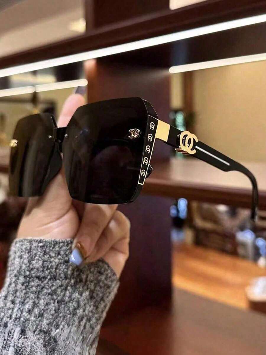 1pc Oversized Frame Women's Fashion Glasses Frameless Metal Letters Personalized Glasses Summer Vacation Travel Beach Accessories - Đen nâng cao - Xem 1