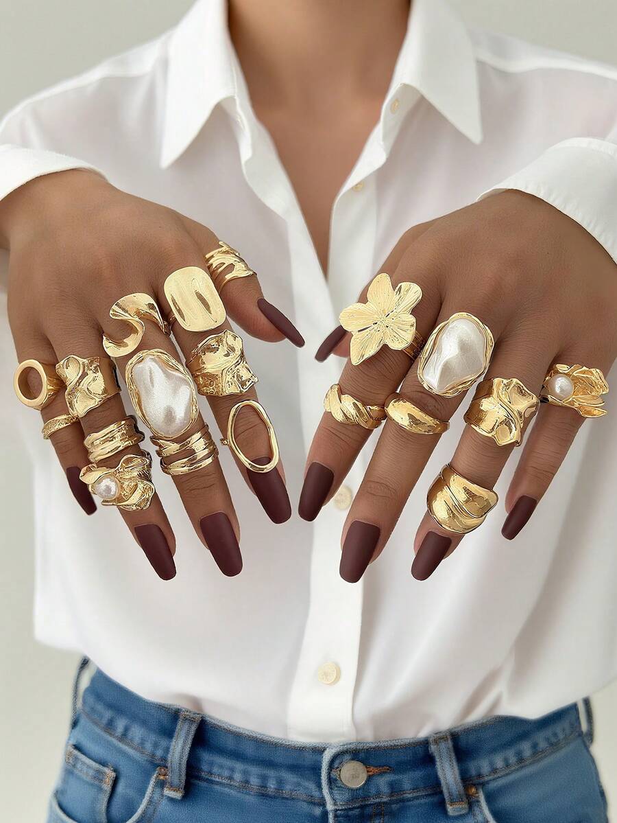 19pcs Elegant Vintage Delicate Party Style Faux Pearl Ruffle Flower Geometric Chunky Metal Ring Set, Geometric Line Design, Suitable For Women's Daily, Party, Vacation Wear, Versatile Stackable, Perfect Gift For Holidays