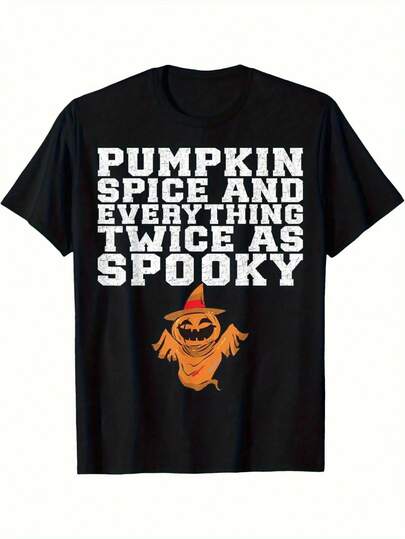 Men's Funny Halloween-Shirt - Pumpkin Spice & Spooky Graphic Tee - Black Shirt With White Lettering - Regular Fit Casual Crewneck Halloween Parties & Casual Attire - Washable Costume Party Outfit, Halloween Clothes, Festive Graphic Design, Comfortable Fit