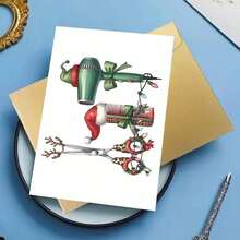 1pc Christmas Hairstylist Thank You Card - Holiday Greeting Card For Salon, Designed With Scissors, Comb And Hairdryer - Red And Green Christmas Theme - Includes Matching Envelope - Suitable For Hairstylists, Stylists, Customers - Christmas, New Year, Salon Appreciation Gift - Paper Card, Playful Illustration, Premium Cardstock, Stylist Expression