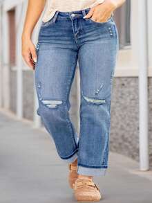 Plus Size Women's Distressed Denim Jeans - Medium Wash Blue Long Pants - Comfortable And High Quality - Medium Wash - View 1